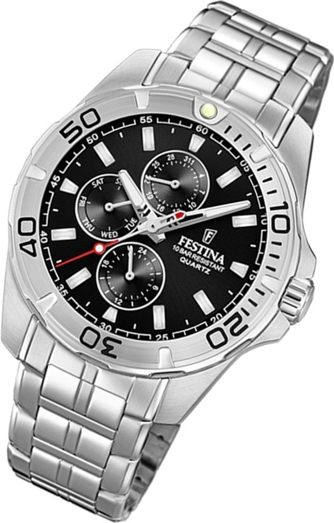 A silver Festina watch with a black dial is shown against a white background.