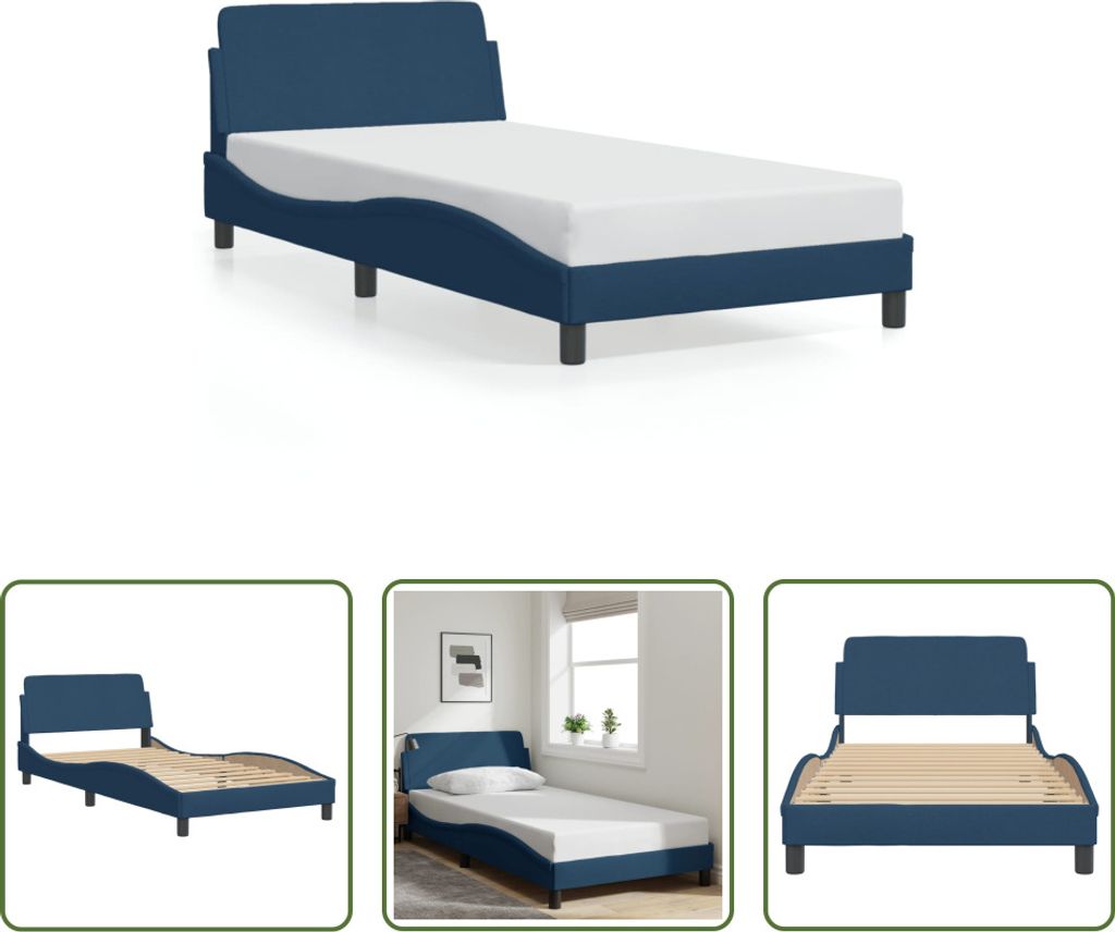 The Living Store Bettgestell mit Kopfteil Blau 100x200 cm Stoff