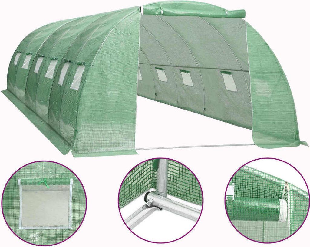 Gewächshaus 6x4x2 m (24 m²) mit 12 Seitenfenstern, 1 Tür und 140 g/m² PE-Netzgewebe