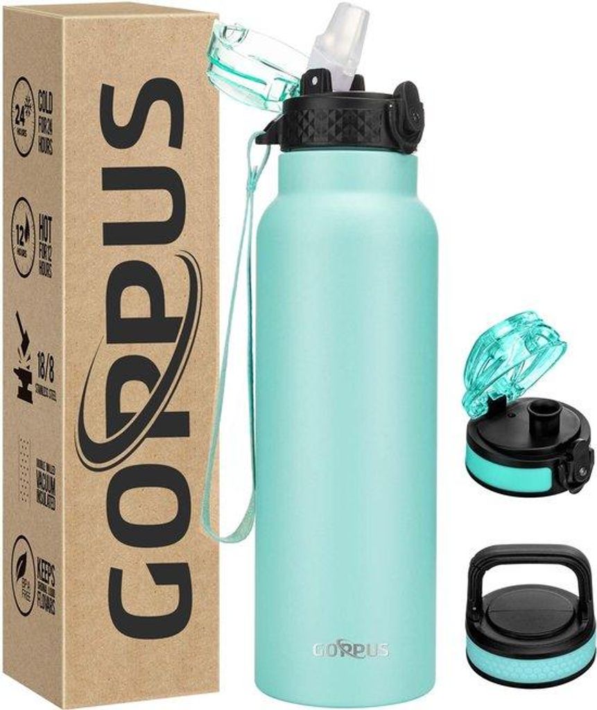 Thermosfles aus Edelstahl, 750 ml, mit Grasstiel und 3 Dichtungen, -frei, für Säurehaltige Getränke geeignet, Sport- und Reisegefäß mit Vakuum...