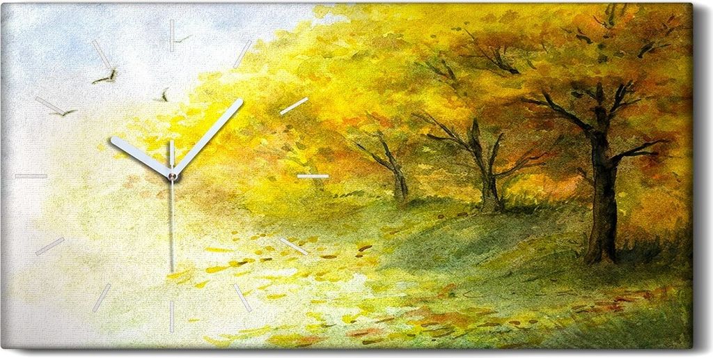 Dekor Leinwand Uhr Wandbilder 60x30 Gemälde Abstrakt Wald Bäume Vögel Natur - weiße Hände