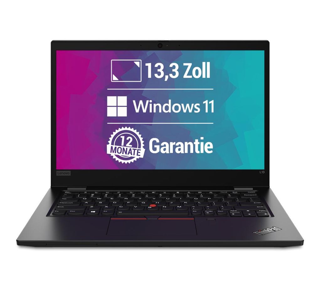 A black Lenovo ThinkPad laptop is shown from a slightly elevated front-facing angle against a white background. The laptop screen displays marketing information.
