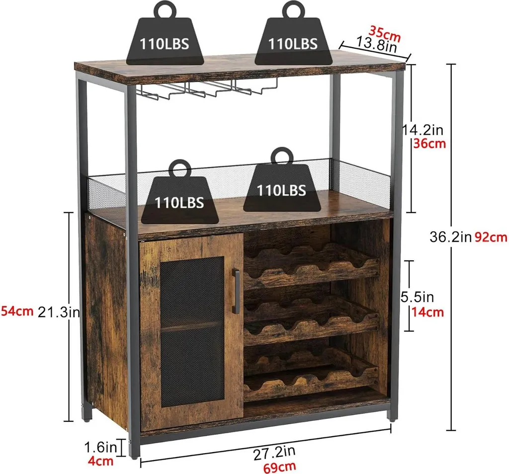 Buffet industriel marron avec étagère amovible et support pour verres - 5