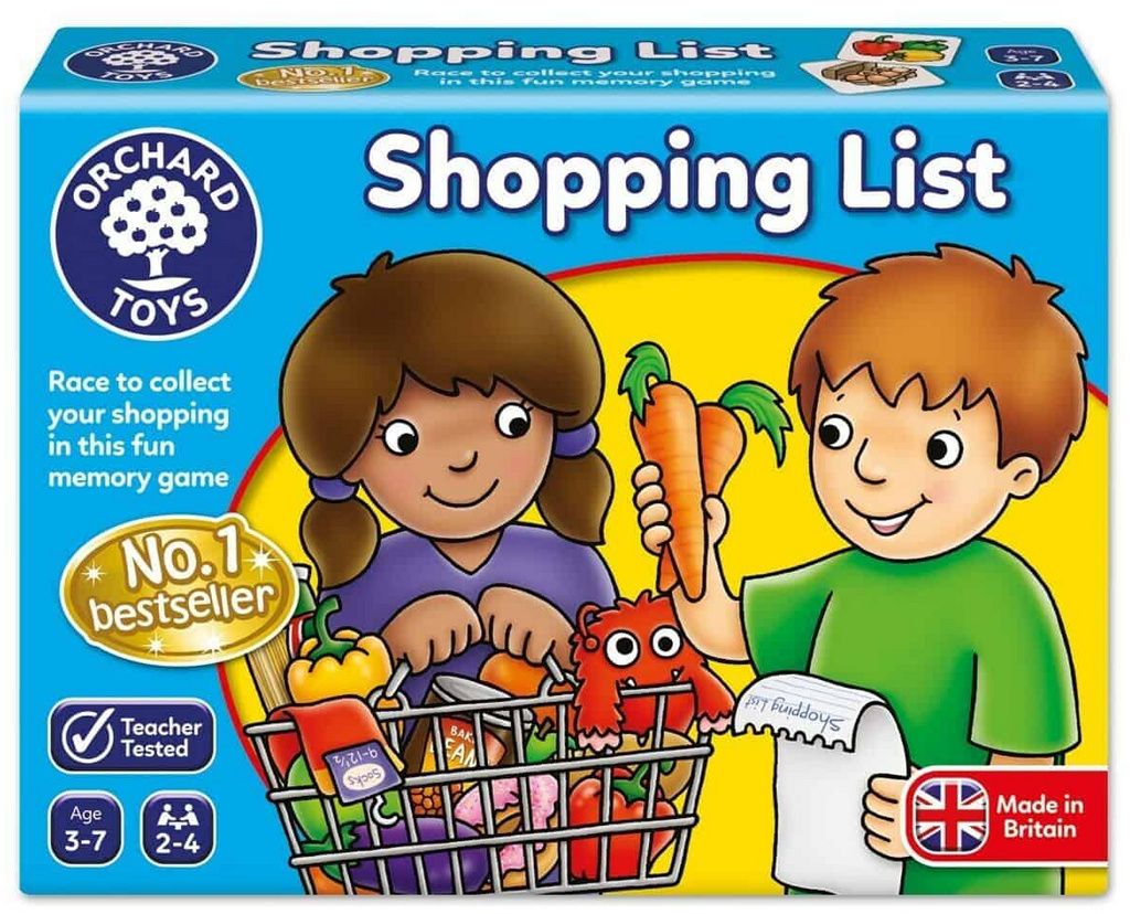 The image shows the front of a board game box for Orchard Toys Shopping List. Two children are depicted with a shopping basket filled with groceries.