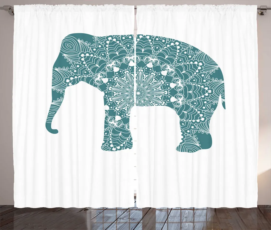 Rideau de Chambre à Fronces Motif Ethnique Éléphant Bleu et Blanc 280x225