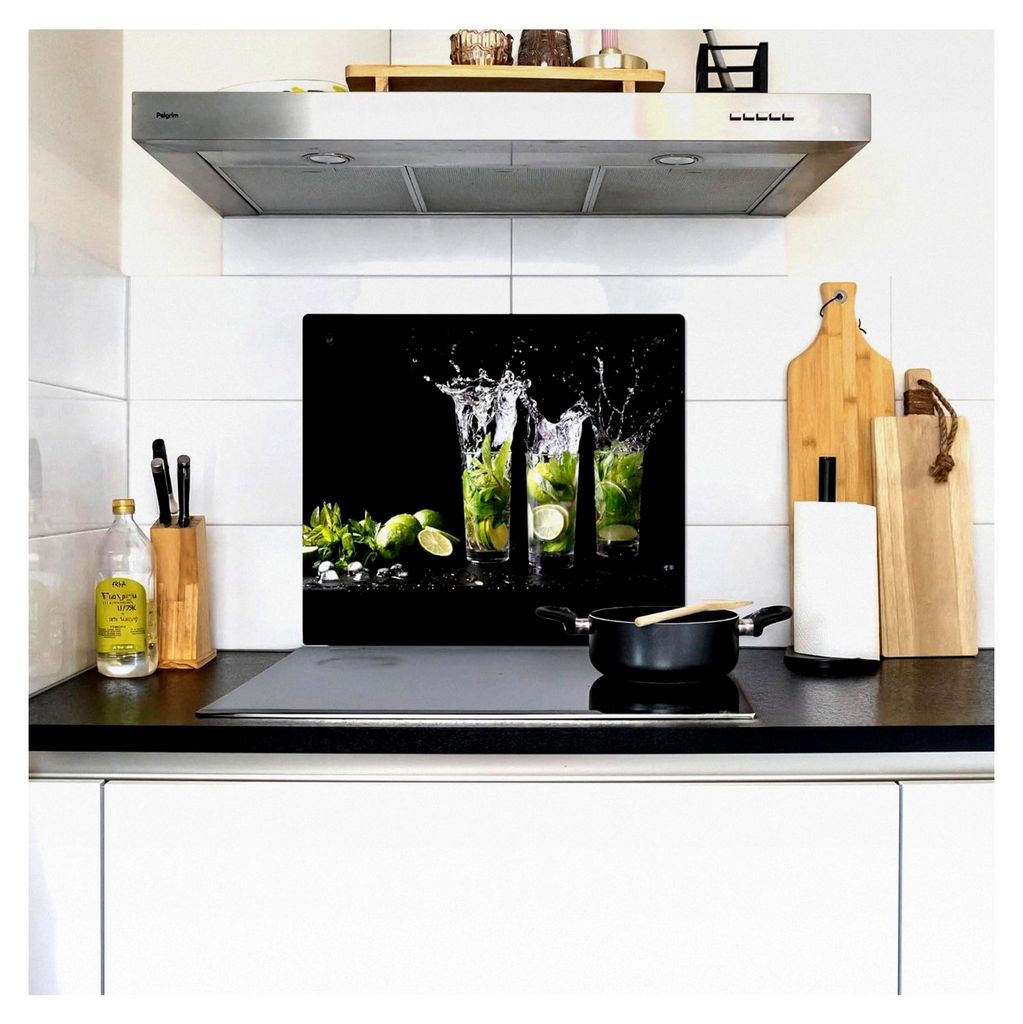 Herdabdeckplatte 60x52 cm Einteilig für Glaskeramikkochfeld und Induktionskochfeld, Spritzschutz Küchenrückwand Limette - Minze - Glas - Cocktail