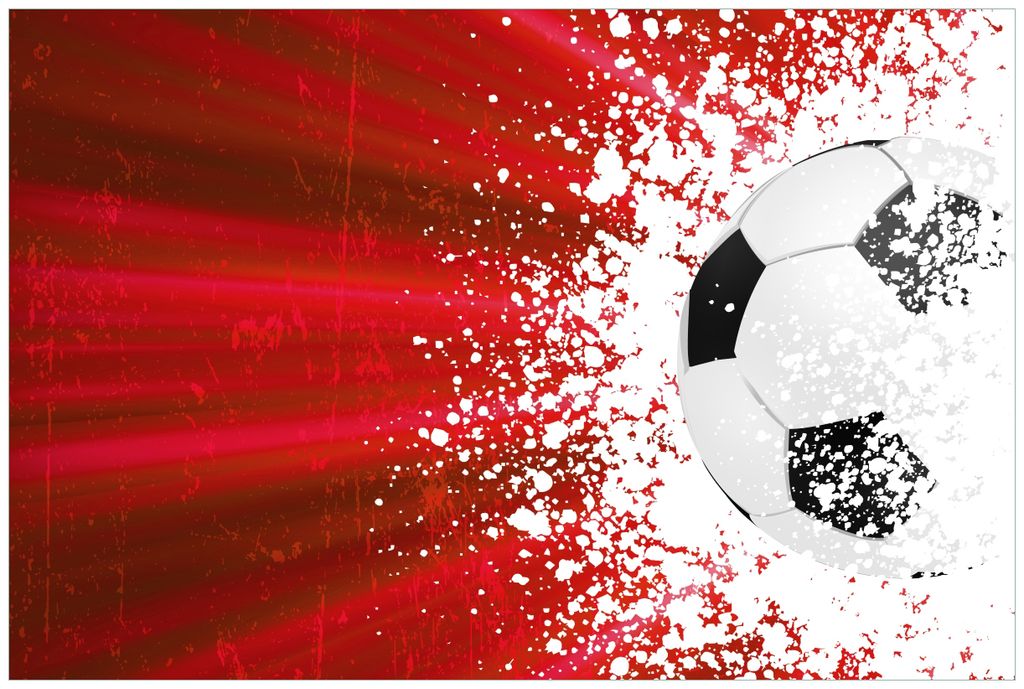 Wallario Wandbild aus Acryl, 90 x 60 cm, freischwebende Optik - Fußball - Splashing Design in rot