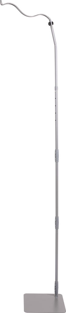 A close-up studio shot of a silver floor lamp on a white background.
