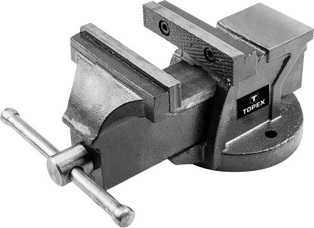 A close-up studio shot of a metal vise on a white background.