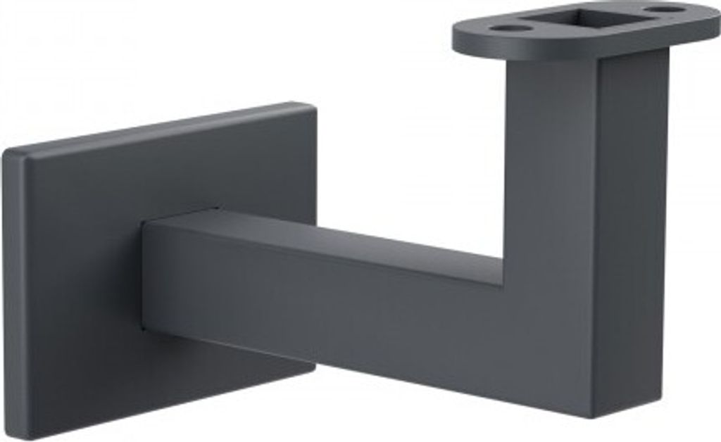 A dark gray metal handrail bracket with a square opening at the top for a handrail, mounted on a white background.