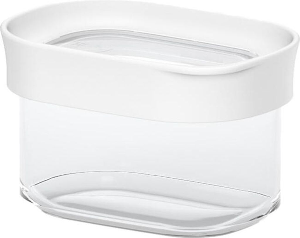 A clear product shot of a transparent storage container with a white lid band.