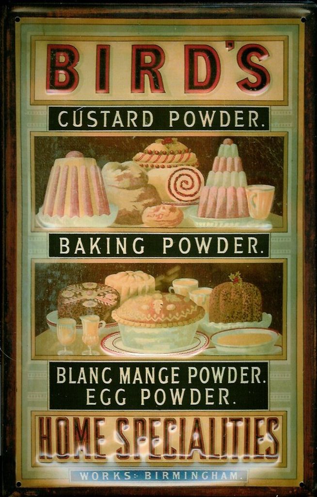 Blechschild Bird ́s Home Specialities Baking Custard Powder Backpulver Vanillepulver Schild retro
