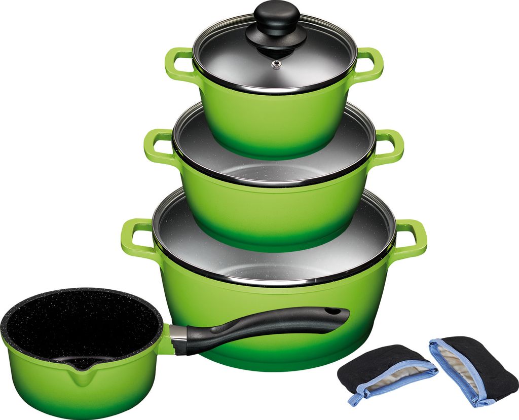 4/7tlg. KING Kochtopfset Aluguss GREEN / 10L / Topfgrößen ca. Ø16, Ø16, Ø20, Ø24cm / langlebige Antihaft-Keramikbeschichtung Innen: FUSION...