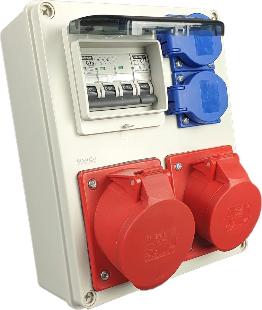 RoadEu Stromverteiler 16A, 32A 5P CEE Dosen, 2x230V Schuko, CEE Verteiler mit Sicherungsautomat C 16A 3P, C16A 1P. Baustromverteiler 32A, 16A