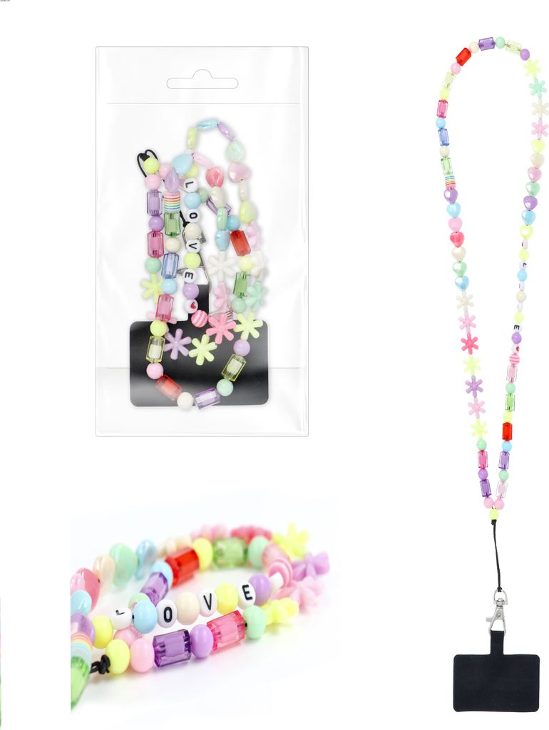 Hakai Handykette Stars Umhängekette für Motorola moto e6 Play, e6S 68cm lang bunte perlen Sterne herzen + Hakai Pad