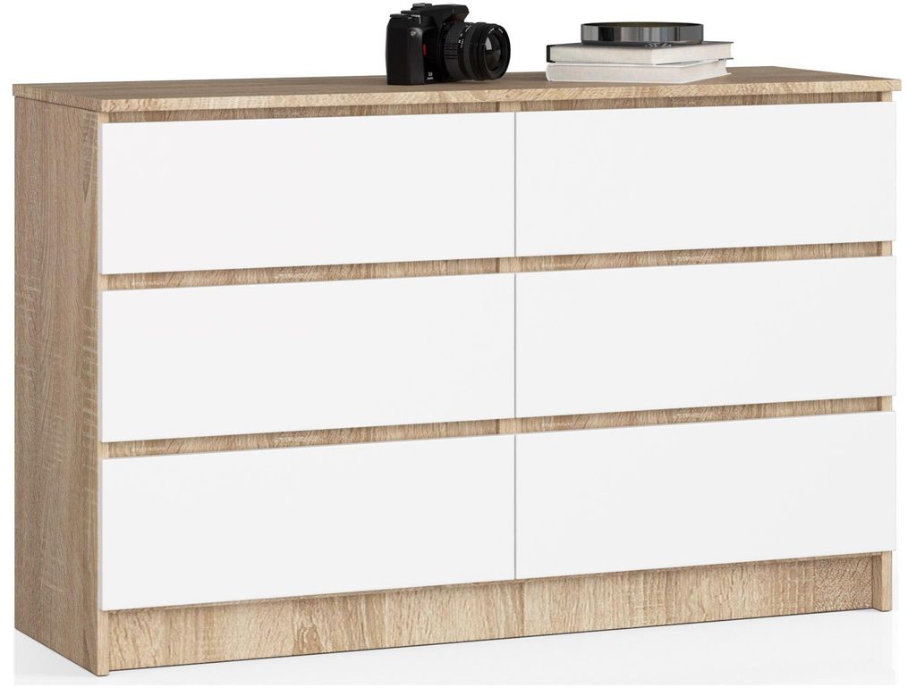 Kommode – Sideboard – Schubladenkommode – 120 cm – Sonoma Eiche / Weiß – Geräumige Aufbewahrung mit sechs Schubladen