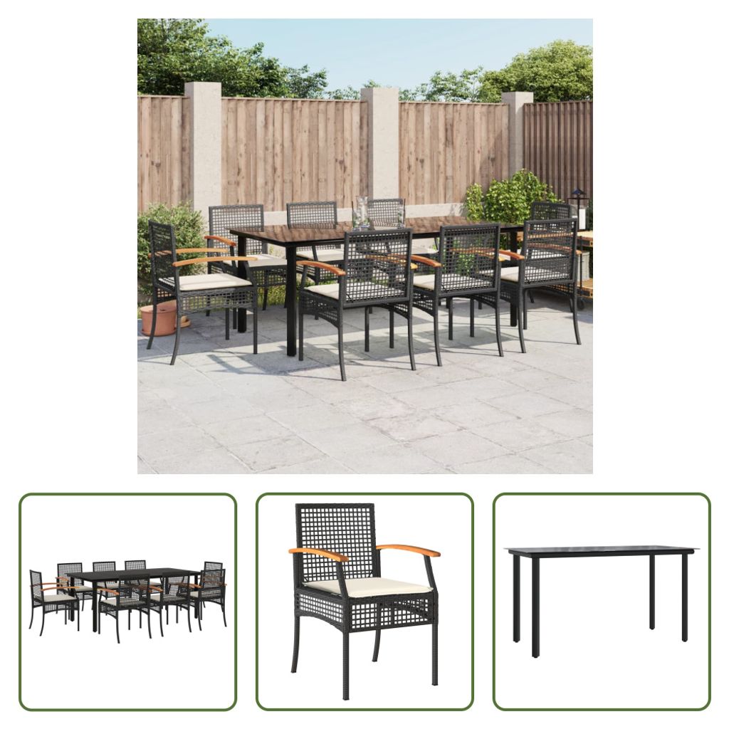 The Living Store 9-tlg. Garten-Essgruppe mit Kissen Schwarz Poly Rattan