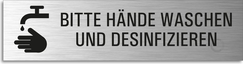 Türschild - Hände waschen u. desinfizieren Aluminiumschild Edelstahl-Optik 160 x 40 mm selbstklebend