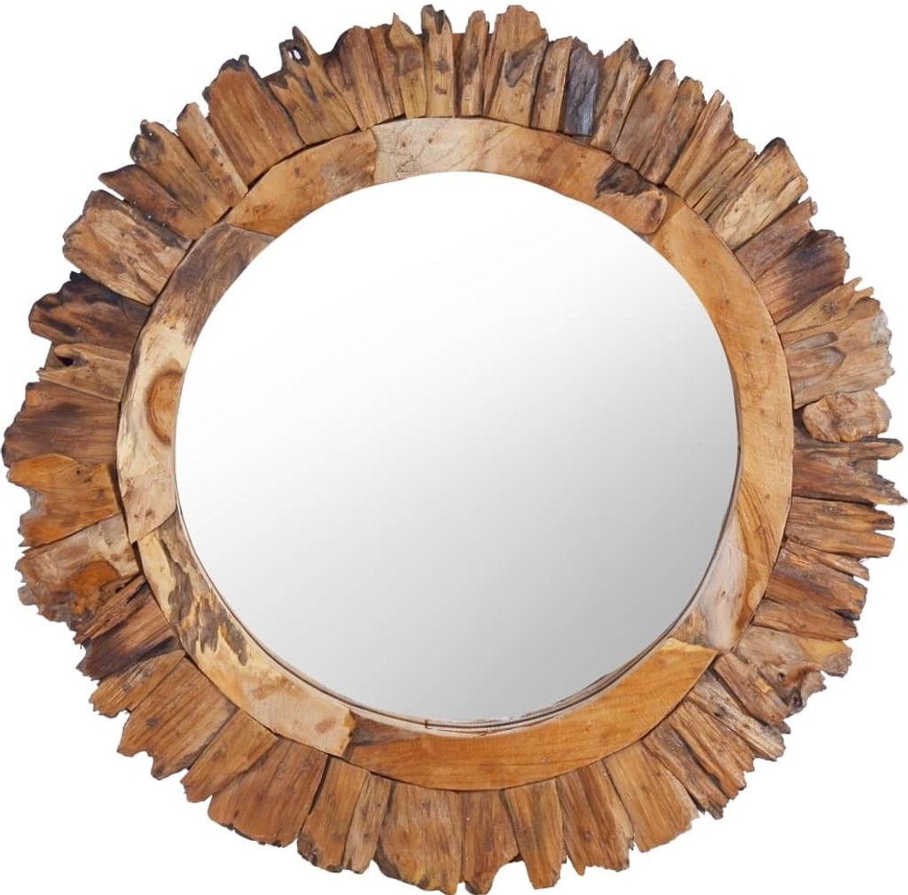 Runder Teak Wandspiegel 60 cm mit Blütenblatt-Muster, 8 cm Dicke und Montagehaken