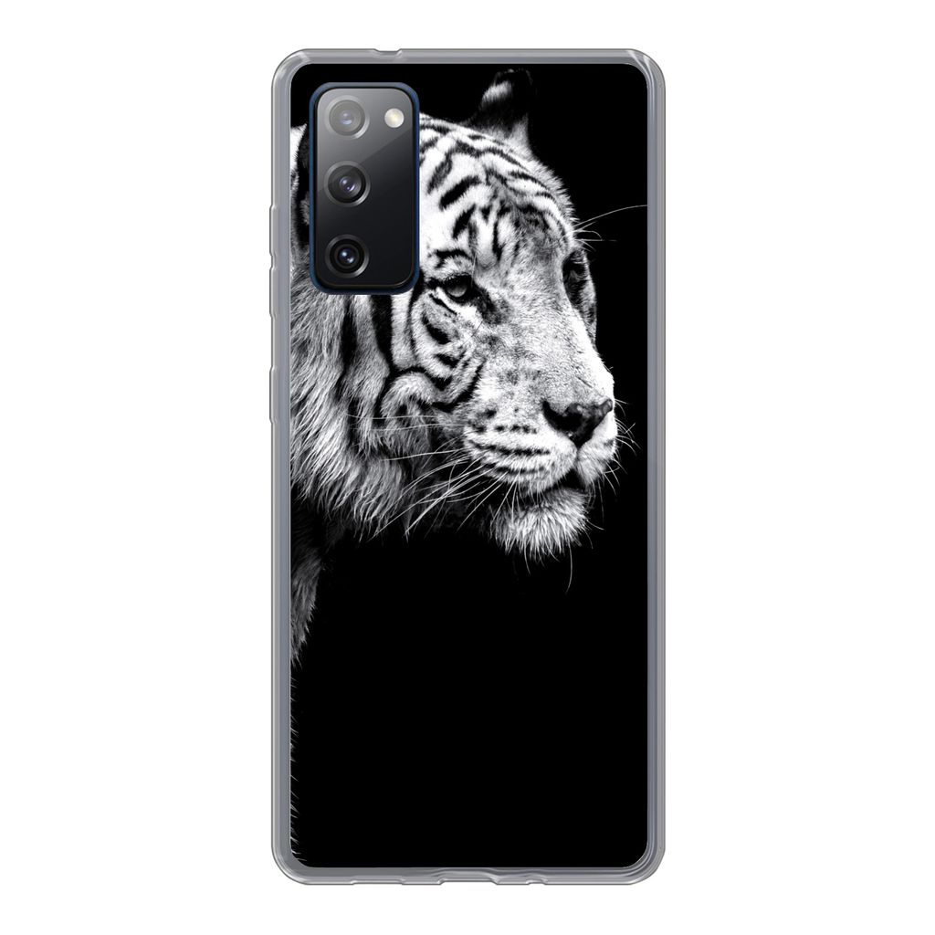 MuchoWow Handyhülle Schutzhülle Hülle für Samsung Galaxy S20 FE Studioaufnahme eines weißen Tigers auf schwarzem Hintergrund Silikon Softcas...