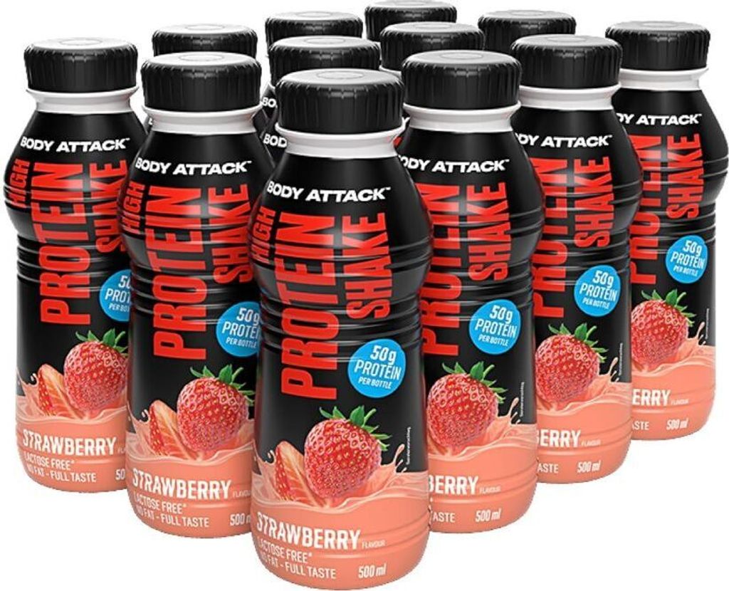 A group of strawberry-flavored protein shake bottles arranged in a cluster.