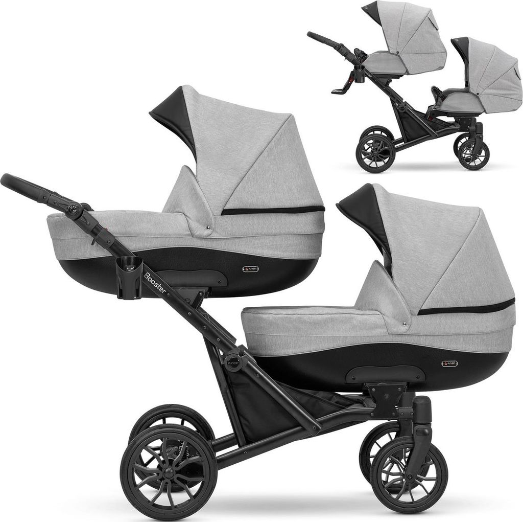 Kunert 2in1 BOOSTER Grau - Kinderwagen für Zwillinge mit schwarzem Rahmen