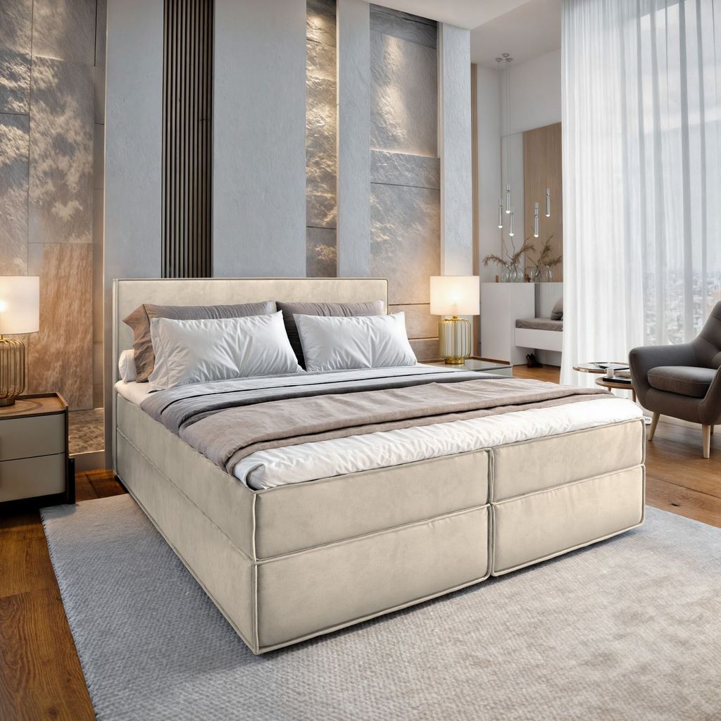 Masseno Boxspringbett PELLIO 140x200 cm Komplett-Set mit Bonell Matratze und Topper, Polsterbett mit Bettkästen -Creme, MONOLITH 04