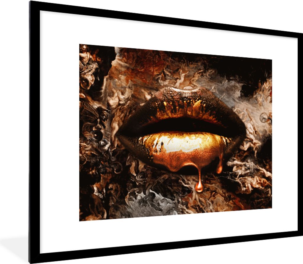 MuchoWow Gerahmtes Poster Gold - Lippen - Kunst - Gold - Luxus - Abstrakt 80x60 cm - Poster mit Schwarzem Bilderrahmen Wandposter Rahmen Foto Bil...
