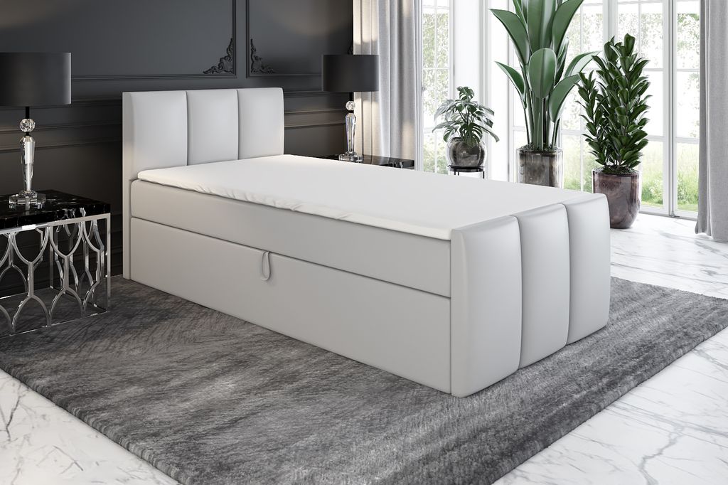 Boxspringbett, Jugendbett MOREN 90x200 (Links) mit Bettkästen, Bonell-Matratze und Topper. Farbe: Grau.