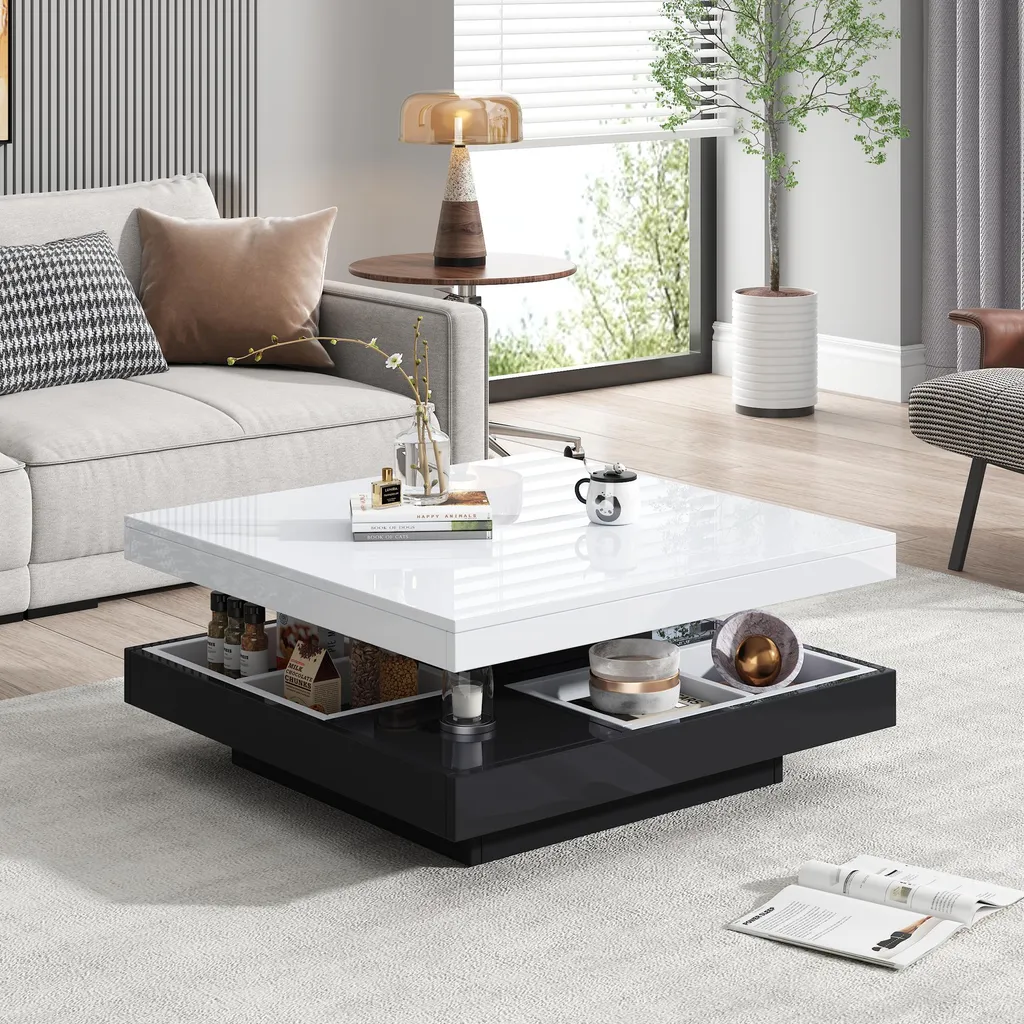 Table Basse Pivotante à 360 Degrés avec Compartiment de Stockage Blanc - 6