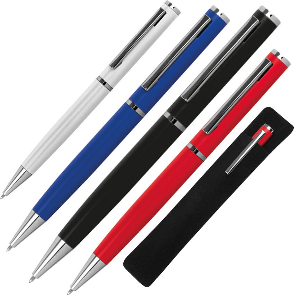 4x Drehbarer Kugelschreiber aus Metall / mit Velouretui / 4 verschiedene Farben