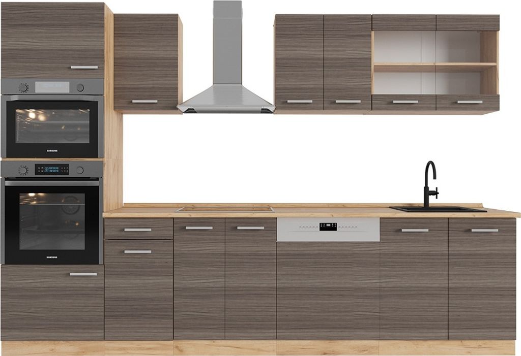 Küchenzeile Vicco R-Line Edelgrau/Goldkraft Eiche 300 cm mit Hochschrank, AP Eiche, Model 53881