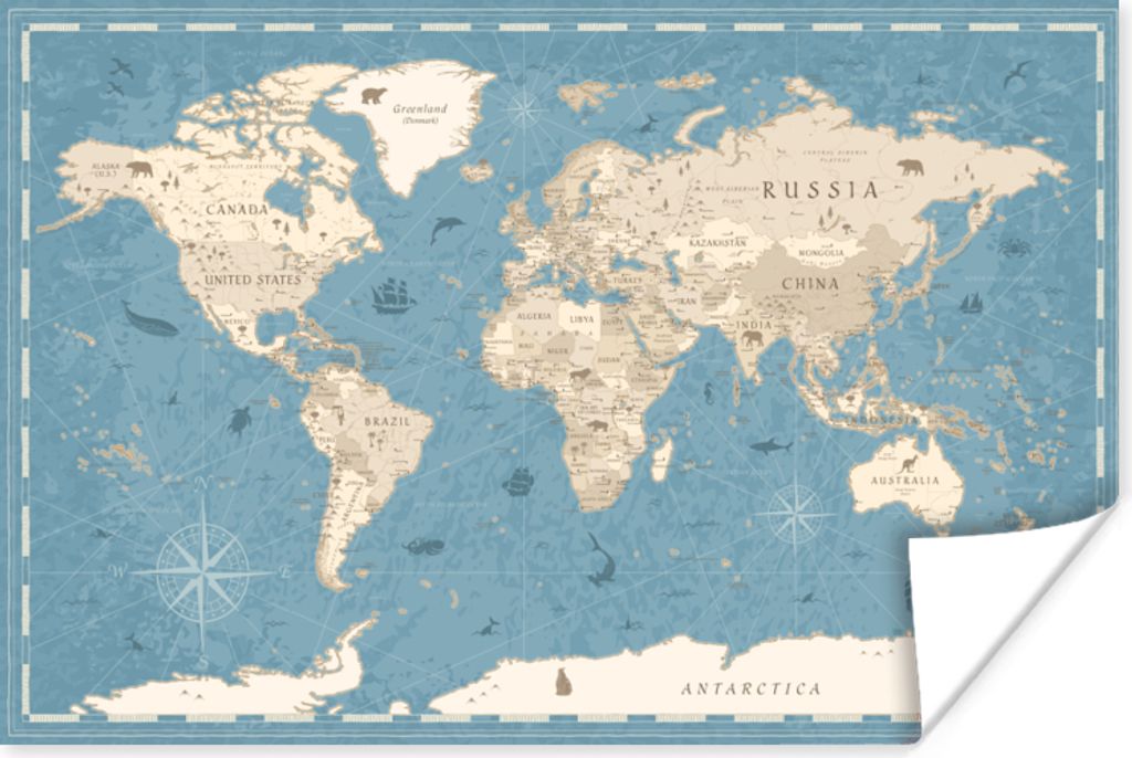 MuchoWow Poster Weltkarte - Vintage - Blau 90x60 cm - Schlafzimmer