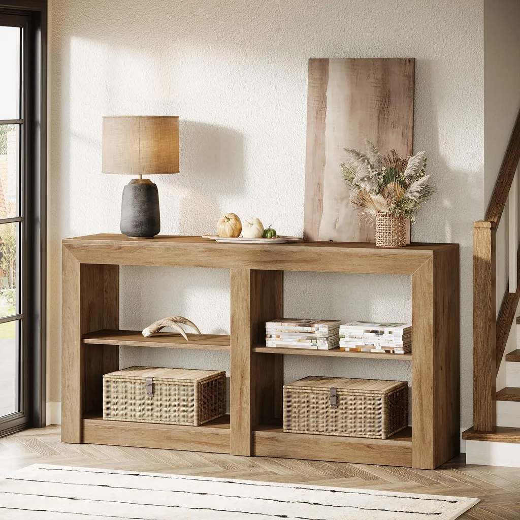 Console Longue 150cm Chêne Rustique, Structure Stable Derrière Canapé - 6