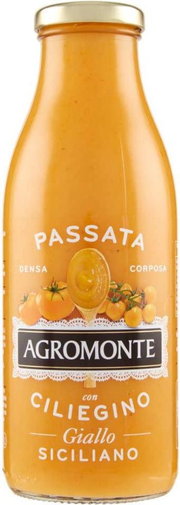 Agromonte Passata di Pomodoro e Ciliegino Giallo Tomatenpüree und Gelbe Kirsche Tomatensauce Tomaten Sauce Glasflasche von 520g