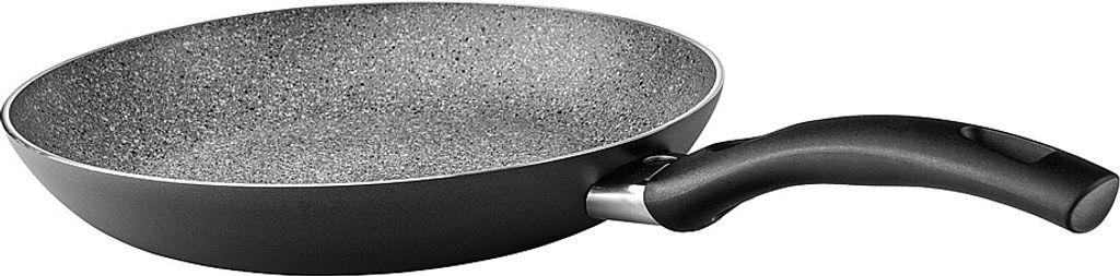 A black frying pan with a speckled interior and a black handle, shown on a white background.