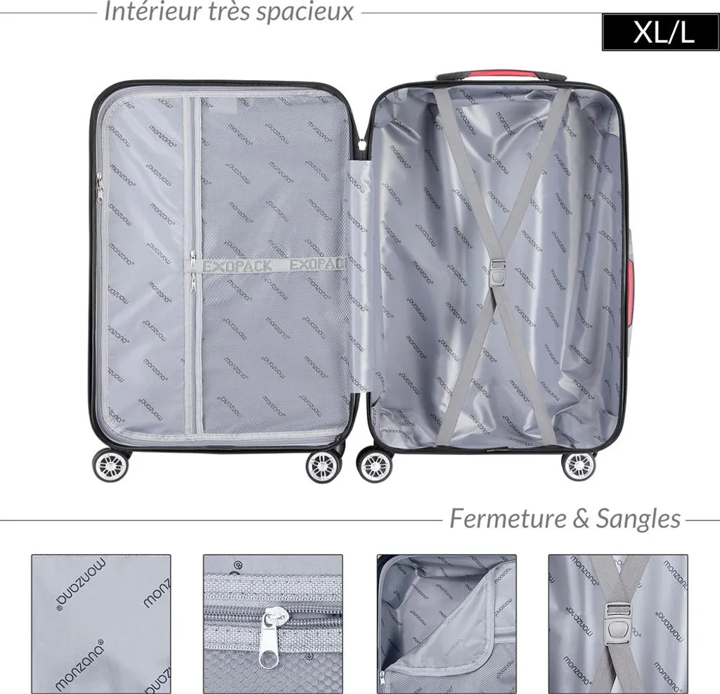 MONZANA Valise Rigide Exopack XL Noire avec Serrure TSA et 4 Roues 360°