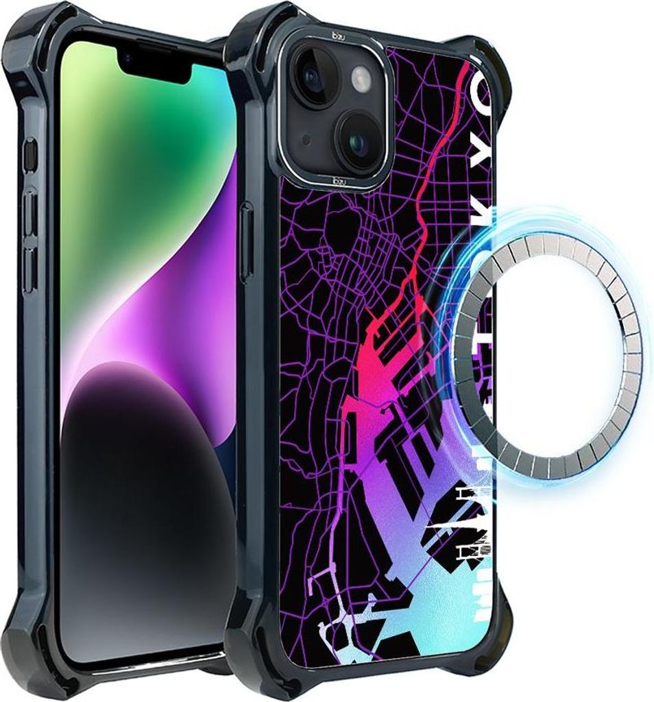 Schutzhülle für das iPhone 14, MagSafe-kompatibel, verstärkte Ecken, schwarz, Karte von Tokio