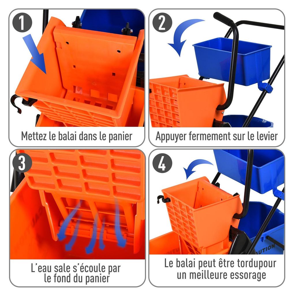 Produktbild von HOMCOM Putzwagen 26 L – Reinigungswagen Mit Wringer, Rollen & 2 Körben, Gelb, 73x45x95 Cm