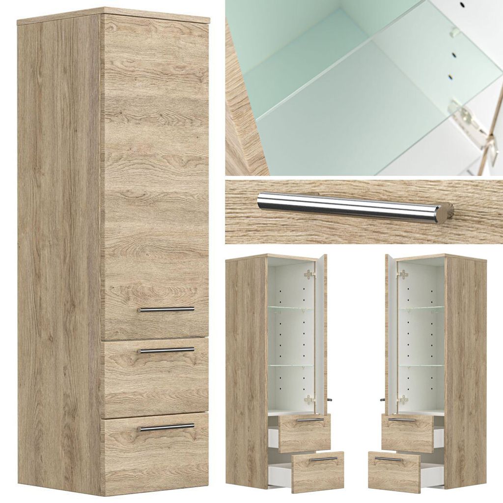 Badezimmer Midischrank Hochschrank in Eiche hell ABUJA-02 mit Glaseinlagen, B/H/T: 35/120/36cm