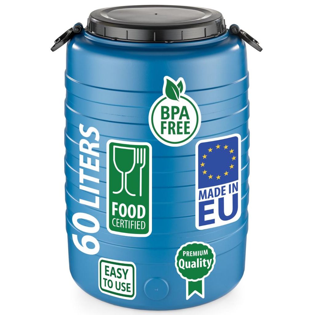 Weithalsfass Fasssilage Gepäcktonne Gärfass Gärbehälter Futtertonne 60 Liter mit Deckel Griffen blau