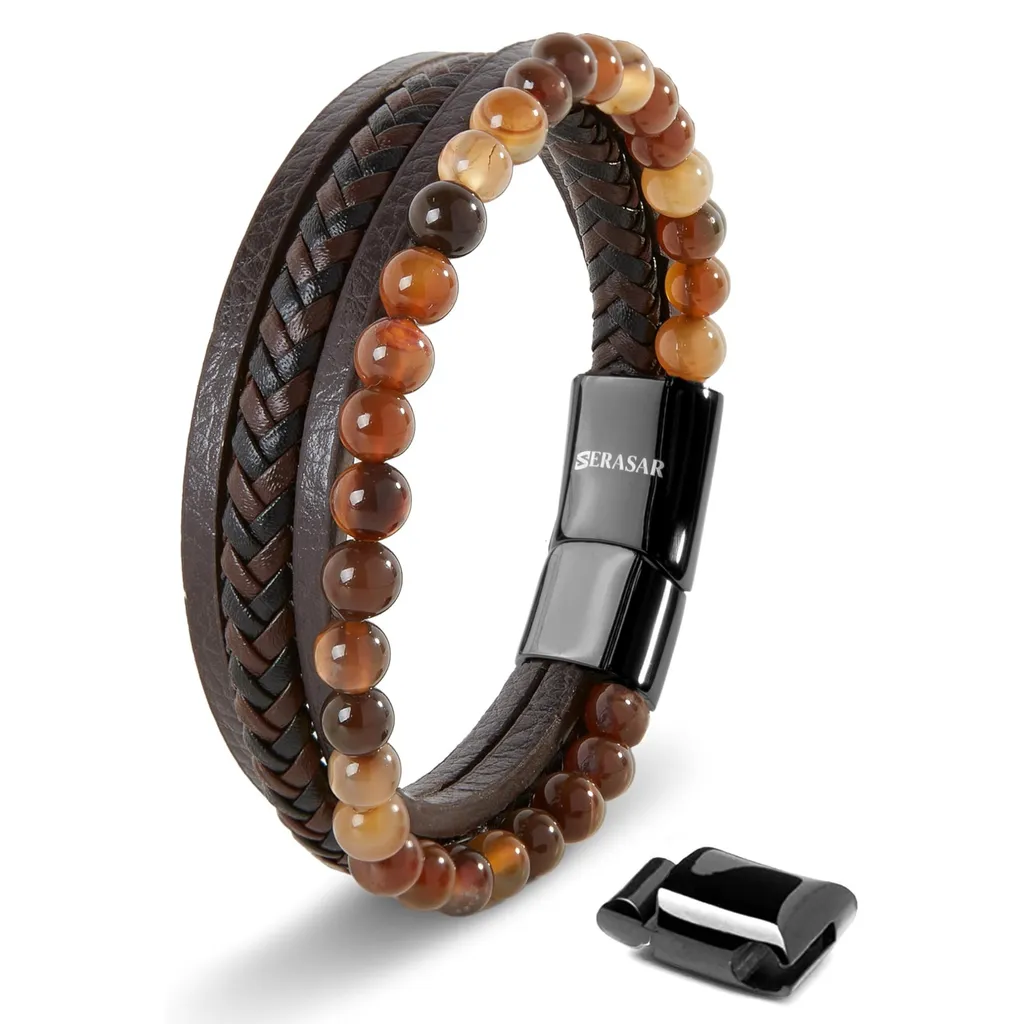 SERASAR bracciale in vera pelle di prima qualità per uomo [Stone] in marrone | perle di pietra naturale | 17cm | chiusura magnetica in acciaio inox | scatola per gioielli inclusa