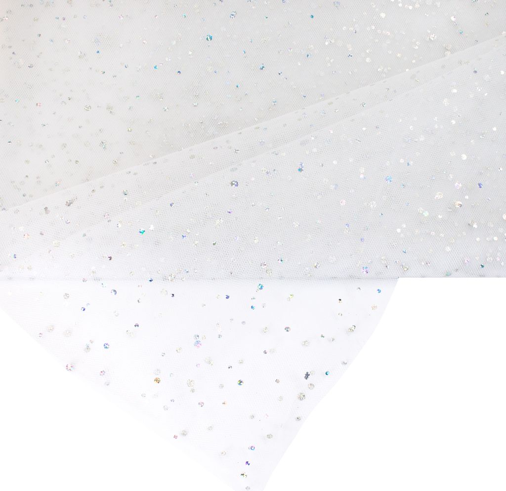 150cm breites, 3m langes, netzartiges weißes Tüllstoff mit Glitter. Perfekt für Bastelprojekte und Dekorationen