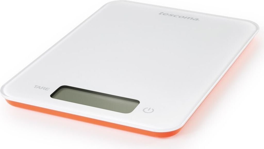 A digital kitchen scale with an orange trim, set against a white background.
