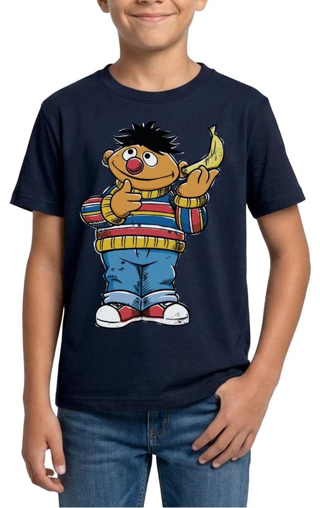 Spreadshirt Sesamstraße Ernie Mit Banane Pose Lustig Used Look Teenager T-Shirt, 152/164 (12-14 Jahre), Navy