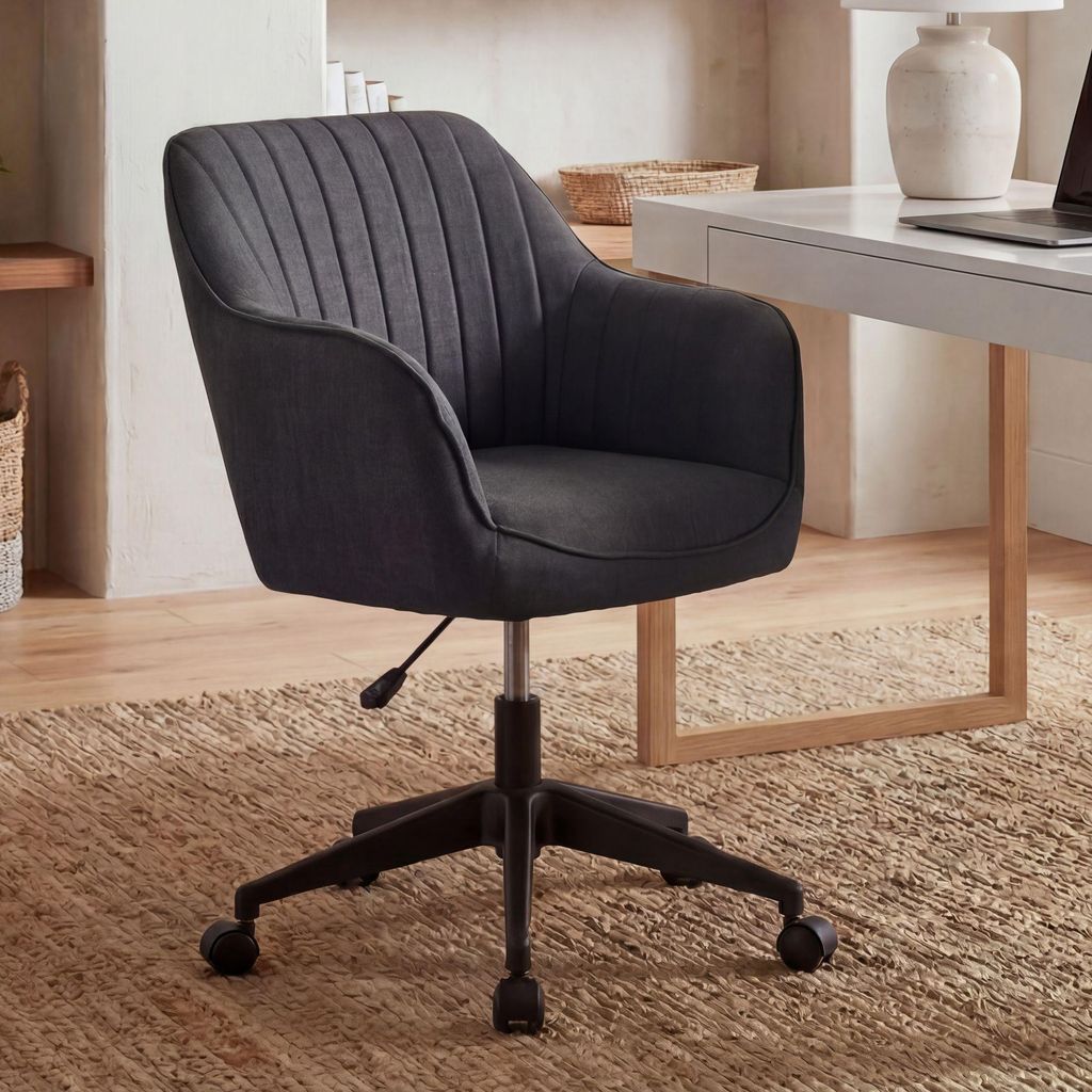 FineBuy Schreibtischstuhl MIAMI Anthrazit Stoff Drehstuhl mit Lehne 120 kg Retro Bürostuhl Drehsessel Rollen Designer Schalenstuhl bequem PC Stuhl