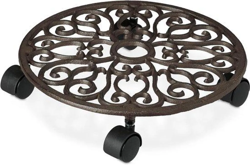 Porte-plante à roulettes en fonte ronde marron pour fleur et jardinage