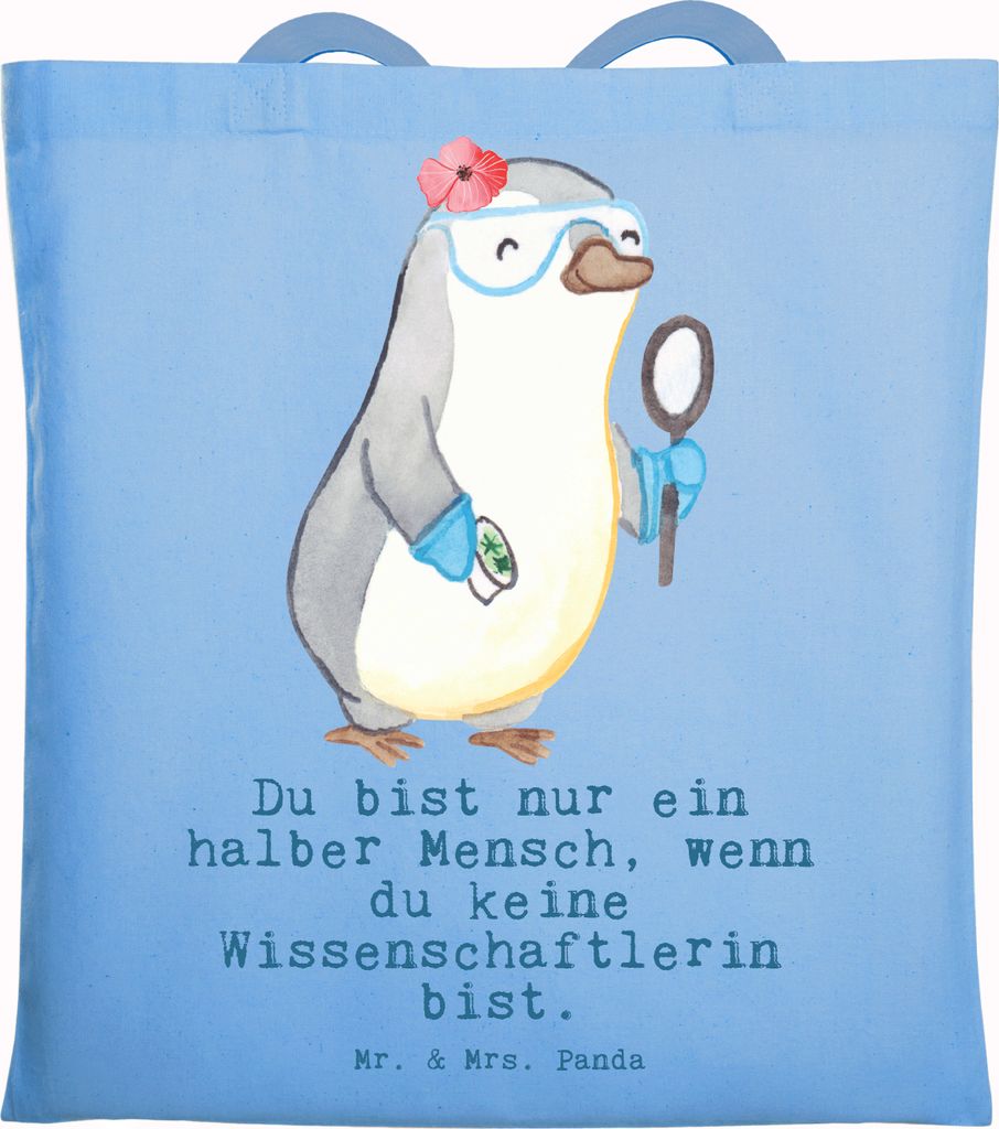 Mr. & Mrs. Panda Schultasche Wissenschaftlerin Herz - Sky Blue - Geschenk, Beutel, einkaufsshopper, Forscherin, Jutebeutel, Tote Bag, Witzig, Unive...