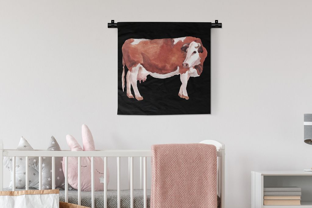 MuchoWow Wandteppich Wandbehang Kuh - Braun - Weiß 60x60 cm Tapisserie Dekoration Wandtuch - Dekorationen - Wand Decke