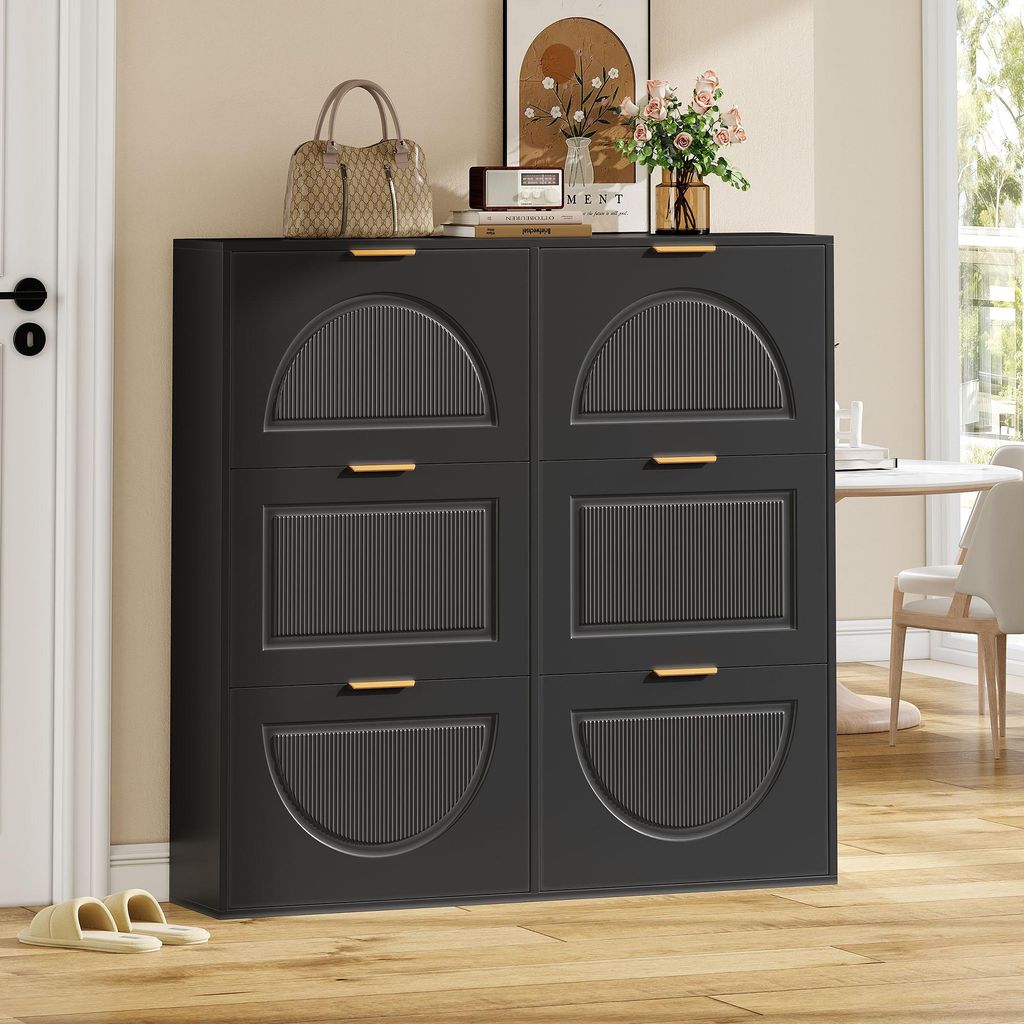 Schuhschrank mit 6 Klappenfächern, schmal, freistehend, MDF, Schwarz